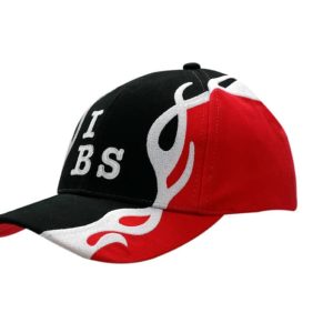 A black and red cap featuring flame embroidery on the crown and peak, with a logo on the front.
