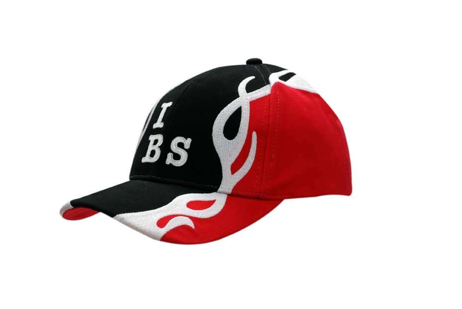 A black and red cap featuring flame embroidery on the crown and peak, with a logo on the front.