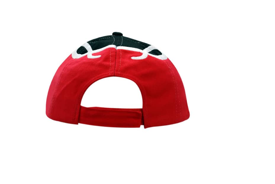 A red cap with flame embroidery on the crown and peak, featuring a black underside and an adjustable strap at the back.