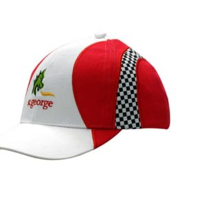 Red and white cap featuring checkered inserts and embroidery on the crown and peak, with a logo present.