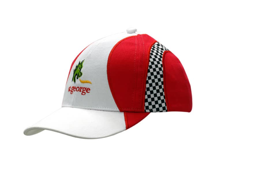 Red and white cap featuring checkered inserts and embroidery on the crown and peak, with a logo present.
