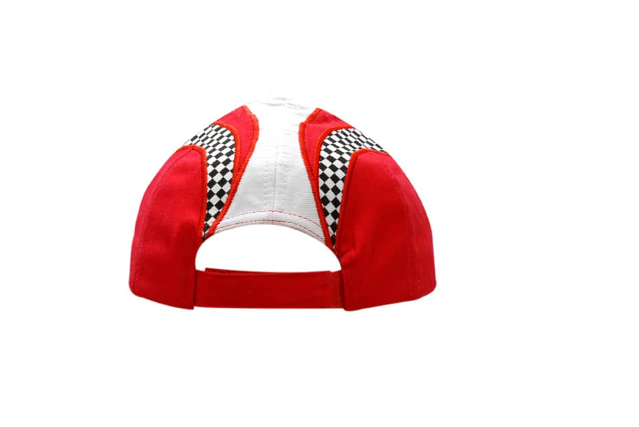 A red cap with checked print inserts and embroidery on the crown and peak, featuring an adjustable strap at the back.