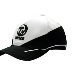 A black and white cotton cap with crown inserts and embroidered lines, featuring a logo on the front.