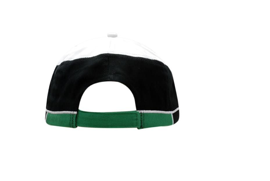 A black, white, and green brushed heavy cotton cap with crown inserts and embroidered lines. It features a logo.