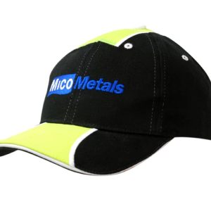 A black and neon yellow cap featuring fabric inserts on the crown and peak, with a logo on the front.