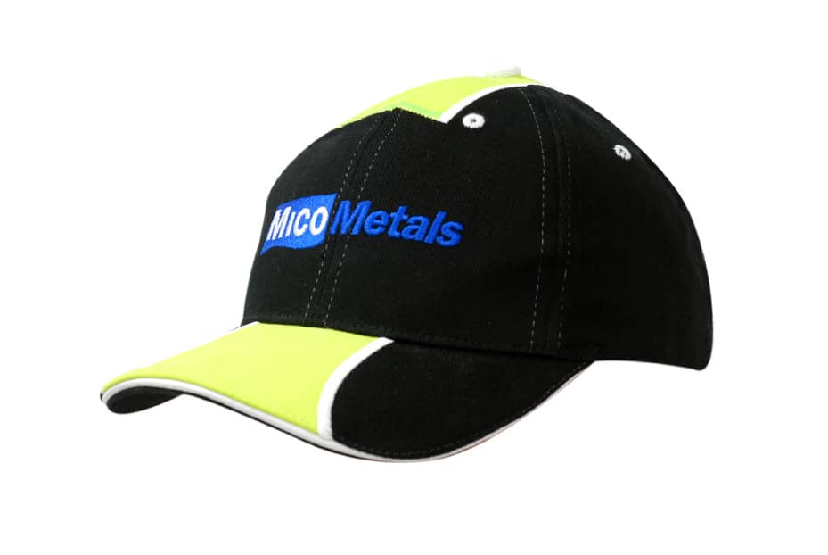 A black and neon yellow cap featuring fabric inserts on the crown and peak, with a logo on the front.