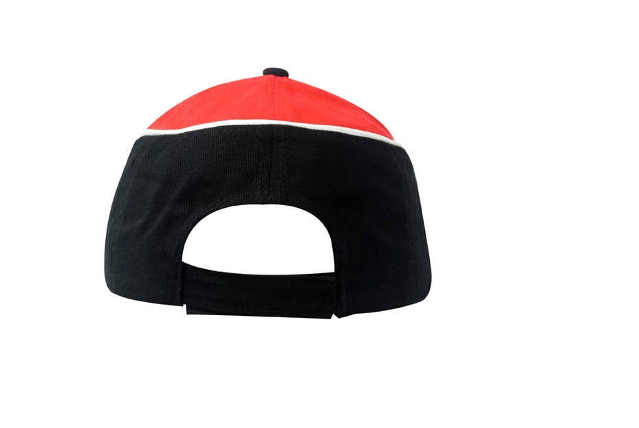 A black and red brushed heavy cotton cap with fabric inserts and piping on the crown and peak.