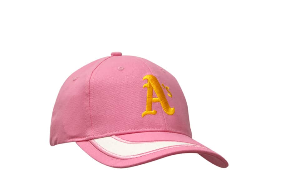 A pink brushed heavy cotton cap with a white peak insert and an embroidered logo.