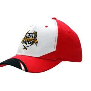 A red and white cap featuring an embroidered logo, with a peak indent design. Suitable for headwear promotion.