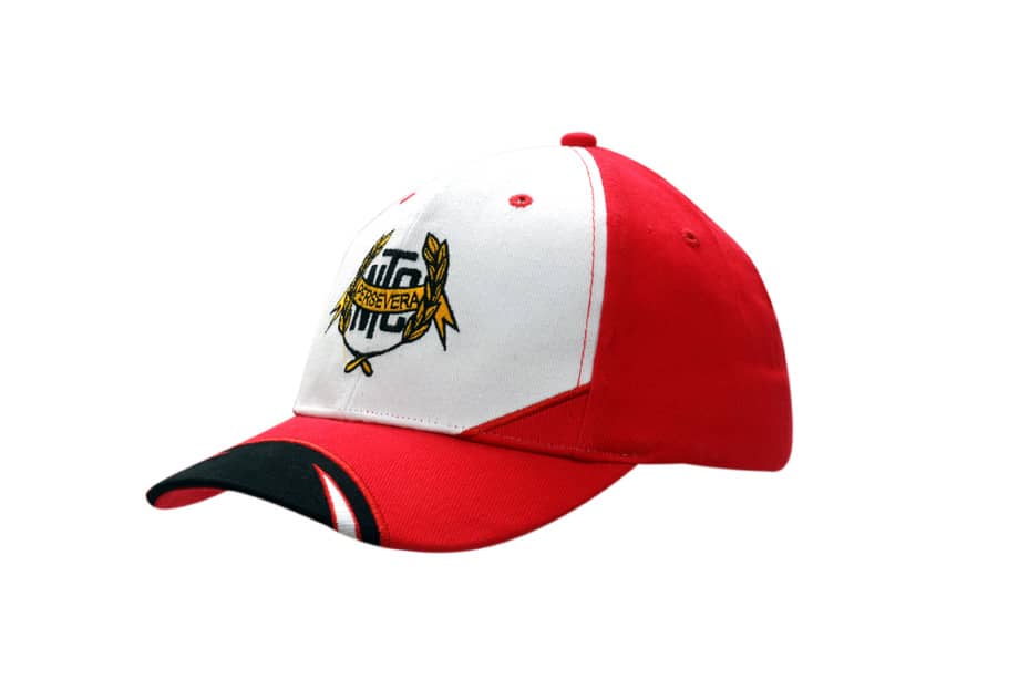 A red and white cap featuring an embroidered logo, with a peak indent design. Suitable for headwear promotion.
