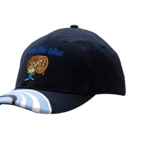 A navy cap with a peak insert and embroidered details, featuring a logo and a striped design on the peak.