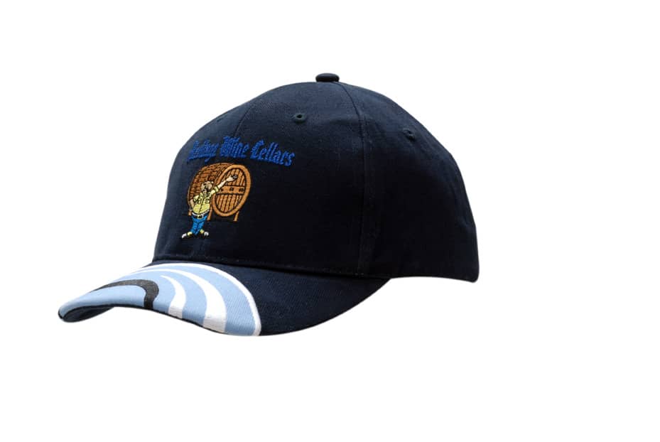 A navy cap with a peak insert and embroidered details, featuring a logo and a striped design on the peak.