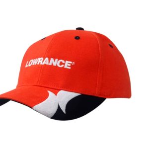 A bright red cap with a black peak trim and embroidery, featuring a logo on the front.