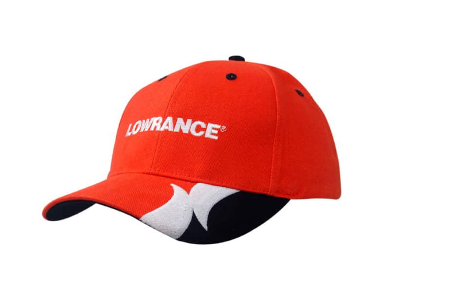 A bright red cap with a black peak trim and embroidery, featuring a logo on the front.