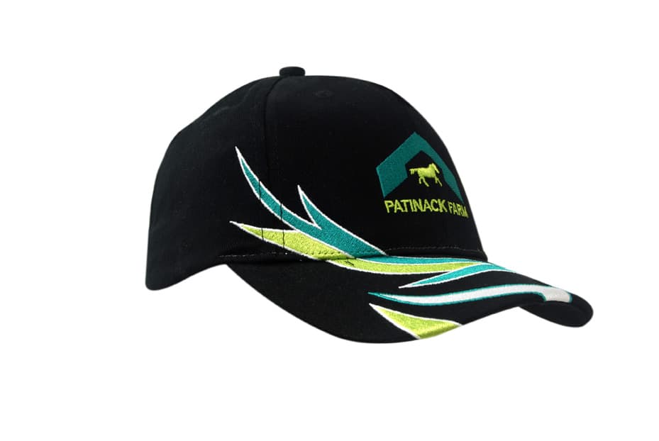 Brushed heavy cotton cap in black with crown and peak flash embroidery, featuring a logo.