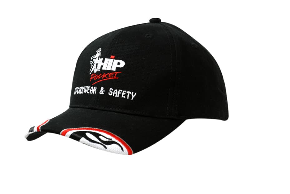 A black cap featuring mesh inserts and embroidery on the peak, along with a logo.