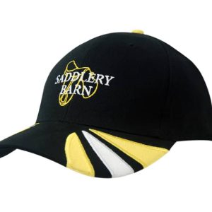 A black cap with fabric inserts in yellow and white, featuring a logo on the front.