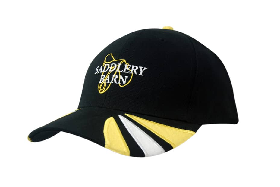 A black cap with fabric inserts in yellow and white, featuring a logo on the front.