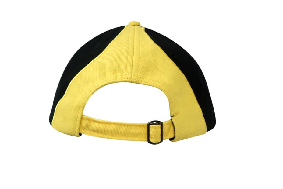 A black and yellow brushed heavy cotton cap with fabric inserts and an adjustable strap at the back.