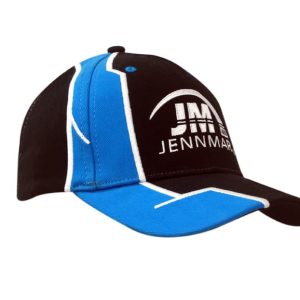 A black and blue cap featuring fabric inserts with embroidery on the crown and peak, including a logo.