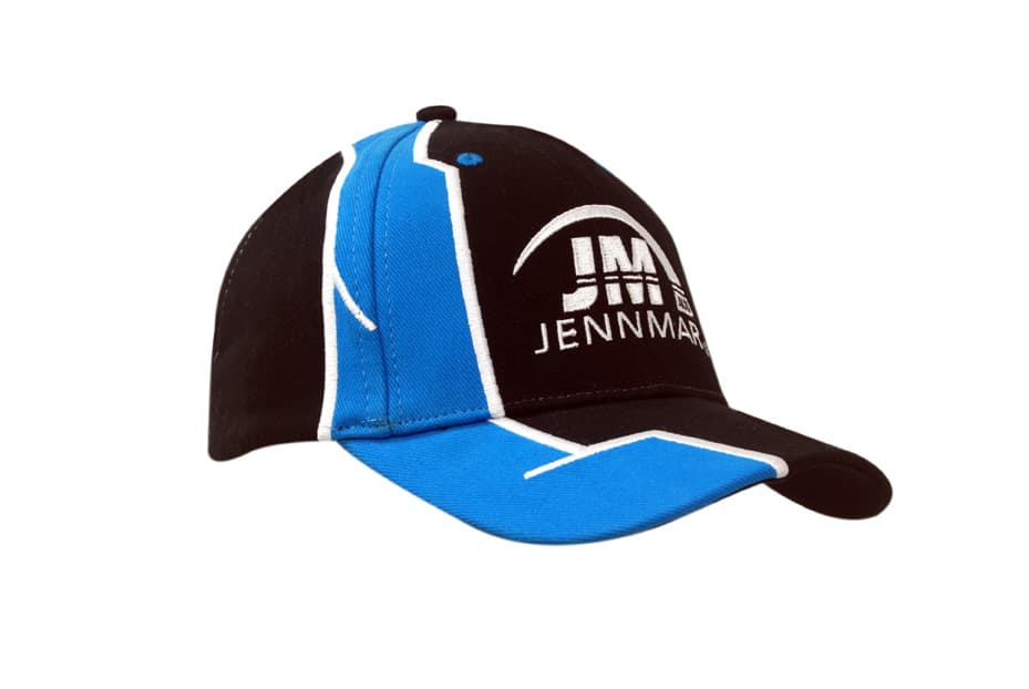 A black and blue cap featuring fabric inserts with embroidery on the crown and peak, including a logo.