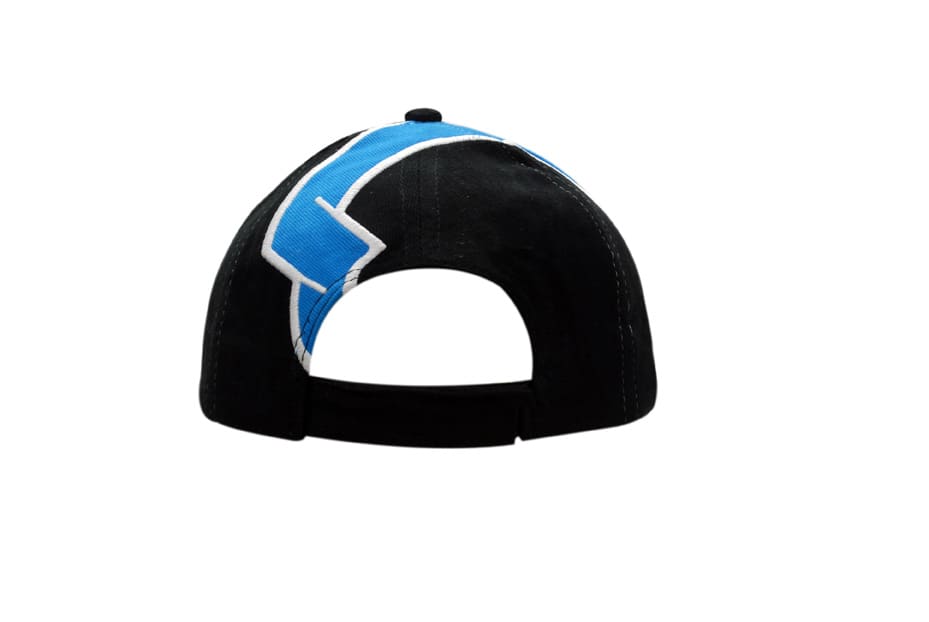 A black cap with a blue fabric insert on the crown and peak, featuring an embroidered design.