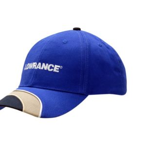 A blue cap with fabric inserts and piping on the crown and peak, featuring a logo.