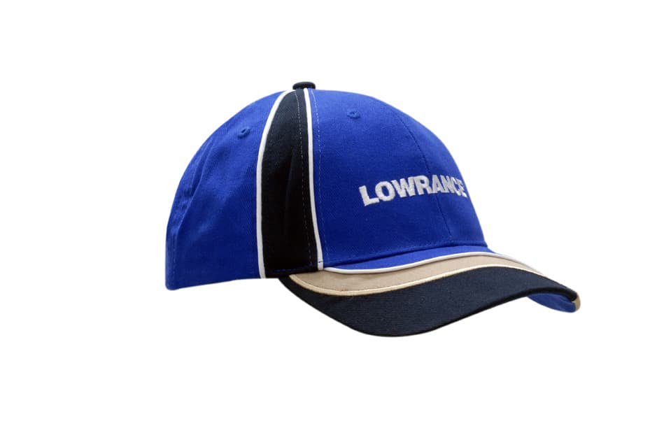 A blue cap with fabric inserts and piping on the crown and peak, featuring a logo on the front.