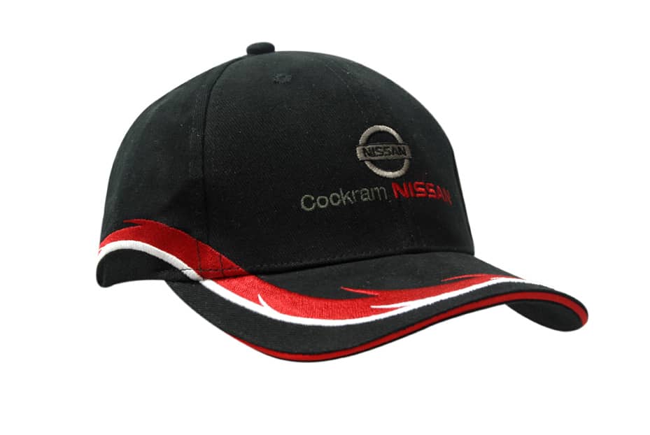 A black cap with a red and white embroidered peak, featuring a logo and branding on the front.