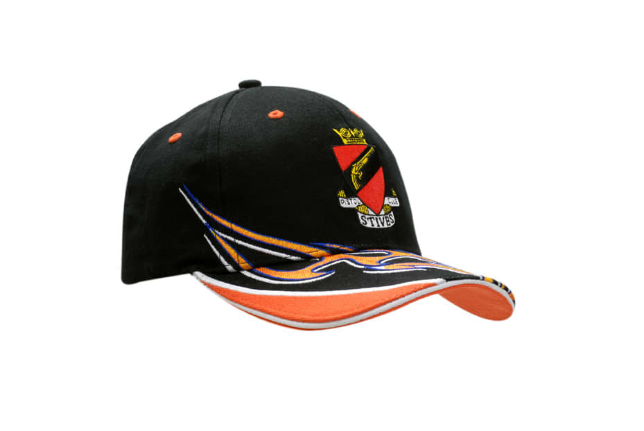 A black cap with orange peak, featuring flame embroidery and a logo on the front.