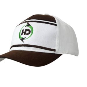 A brown and white cap with crown fabric inserts and an embroidered logo on the front.