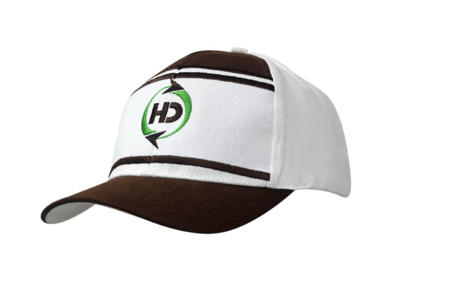 A brown and white cap with crown fabric inserts and an embroidered logo on the front.
