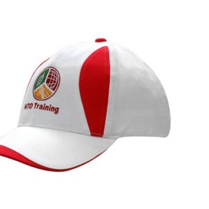 A white cap with red inserts, featuring a logo on the front.