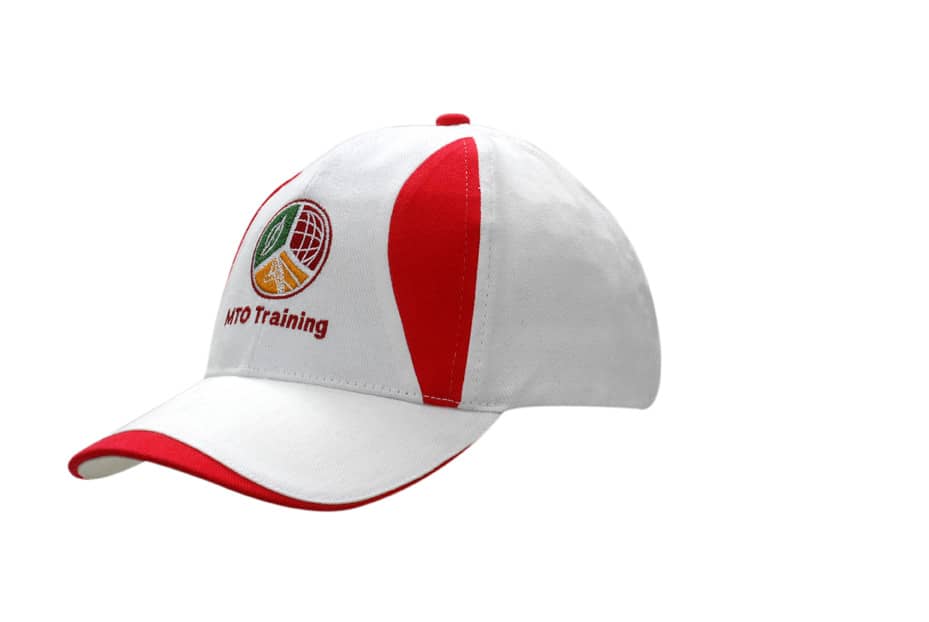 A white cap with red inserts, featuring a logo on the front.