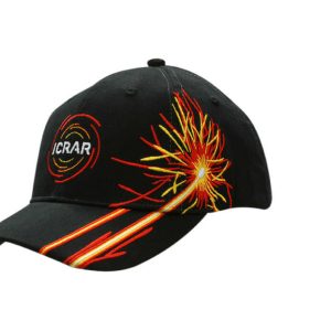 A black cap featuring vibrant firework embroidery on the crown and peak, with an additional logo.