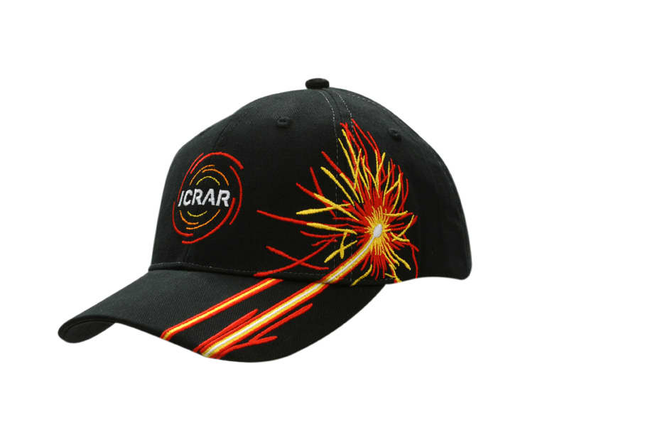 A black cap featuring vibrant firework embroidery on the crown and peak, with an additional logo.