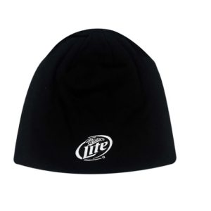 A black rolled down beanie made from 100% cotton, featuring a logo on the front.