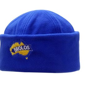 A blue polar fleece beanie featuring a logo. The beanie has a snug, rolled design.