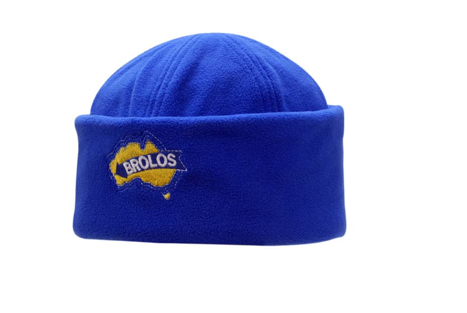 A blue polar fleece beanie featuring a logo. The beanie has a snug, rolled design.