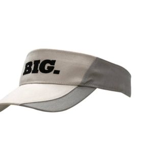 A grey and cream visor featuring a logo, designed for sun protection.