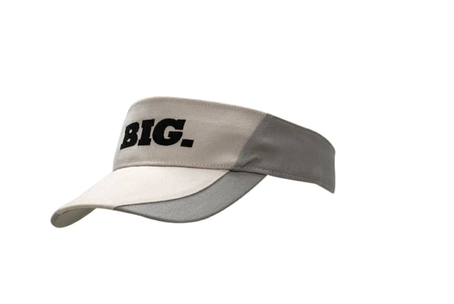 A grey and cream visor featuring a logo, designed for sun protection.