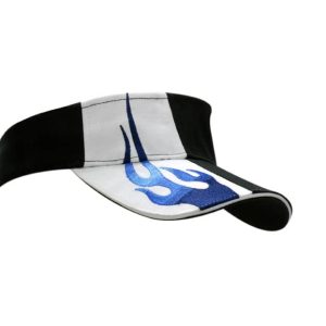 A black and white visor with blue flame embroidery on the crown and peak, featuring a logo.