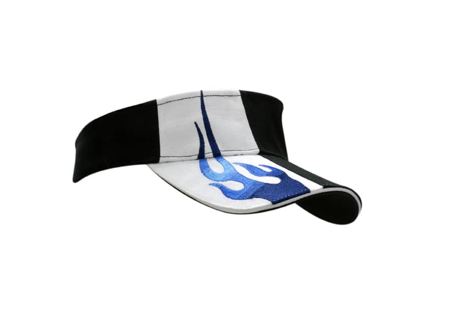 A black and white visor with blue flame embroidery on the crown and peak, featuring a logo.