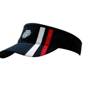 A navy visor with striped patterns in white, red, and a logo on the front.