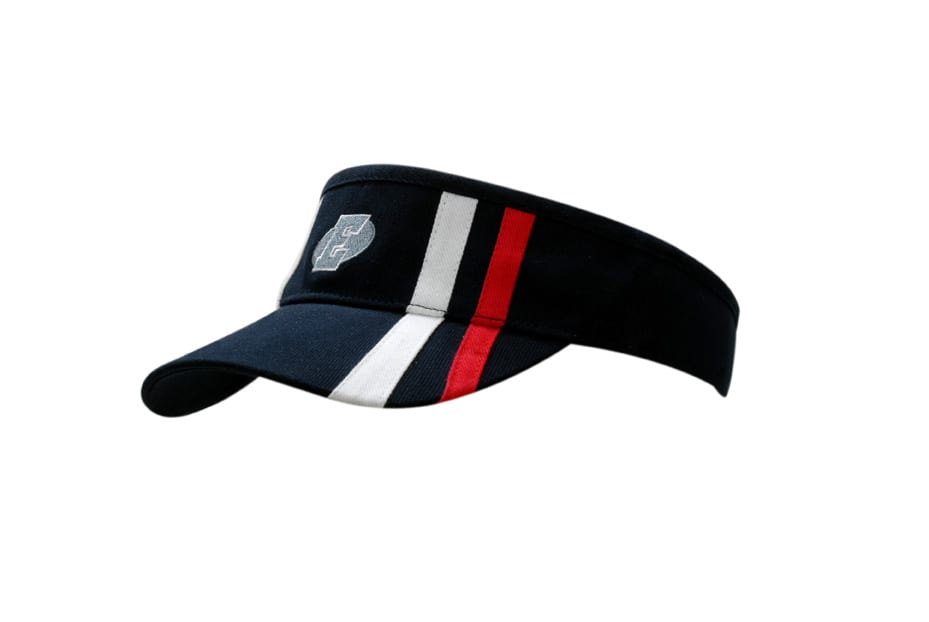 A navy visor with striped patterns in white, red, and a logo on the front.