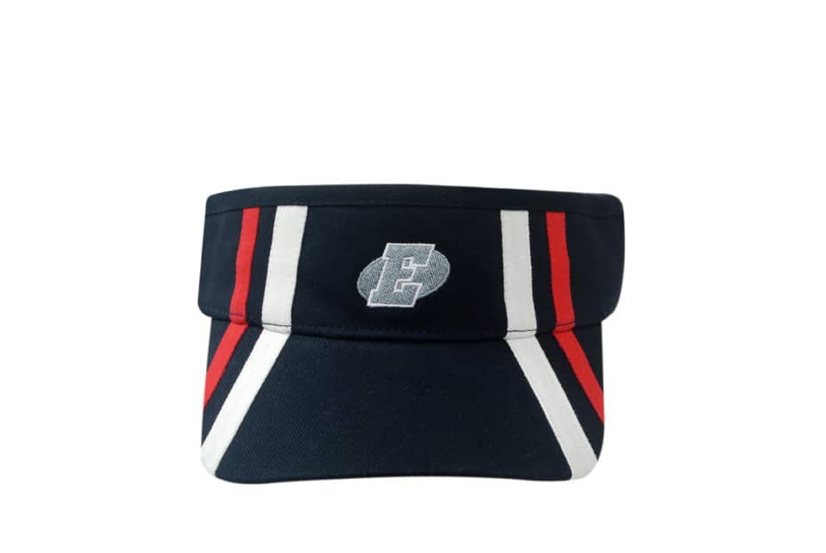 A navy visor featuring striped accents in red and white, with a logo on the front.
