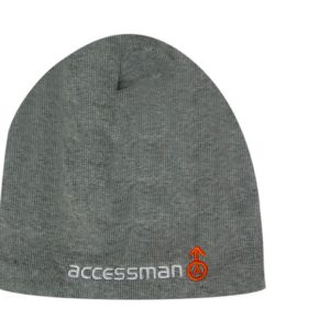 A grey rolled down beanie made of 100% cotton with fleece lining and a logo embroidered on the side.