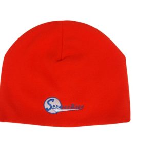 A bright red rolled down micro fleece beanie featuring a logo.