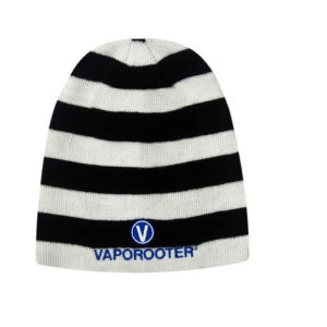 A black and white striped beanie with a logo embroidered on the front.