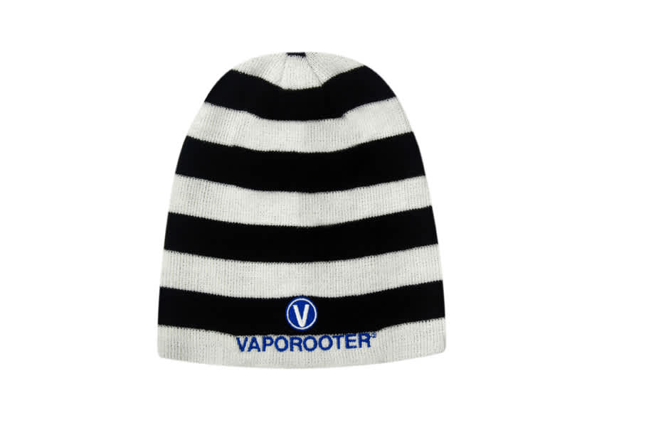 A black and white striped beanie with a logo embroidered on the front.